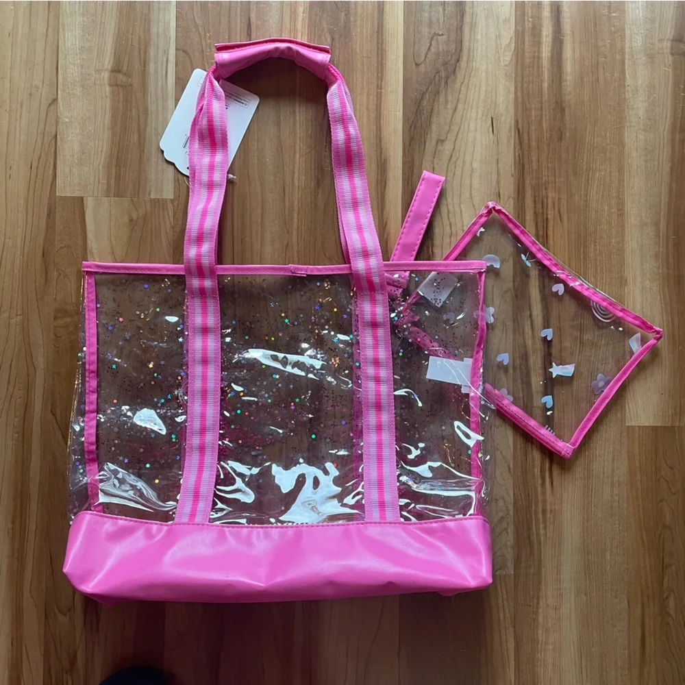 Clear Tote & Wristlet with Sparkle Accents & Pink Trim New